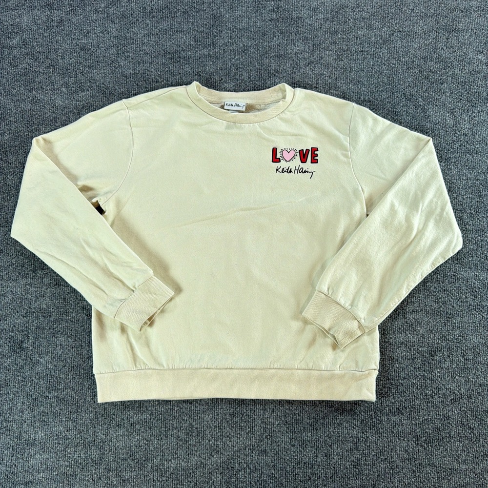 Keith Haring Love Graphic Sweatshirt Cream Yellow Womens‎ Small Art Pop Pullover